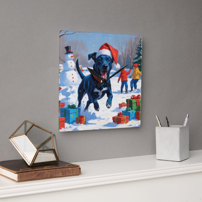 Blå Heeler Jul Festiv Snö Scen Fyrkantig Klocka (Kontor)