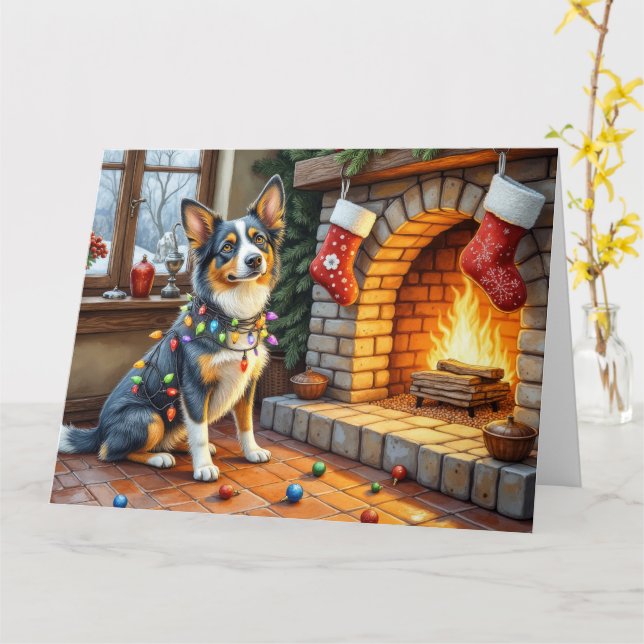 Blå Heeler-kamin med julbelysning Kort (Gul blomma)