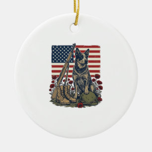 Blå Heeler Patriotiskt Minnesmärke Vintage Gravyr  Julgransprydnad Keramik