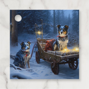 Blå Heeler Snöig Släd Jul Dekoration Gåvor Etiketter