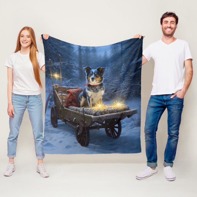Blå Heeler Snöig släde juldekoration  Fleecefilt (På plats)