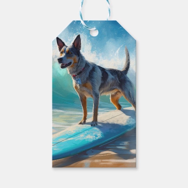 Blå Heeler Strand Surfing Målning Presentetikett (Framsidan)