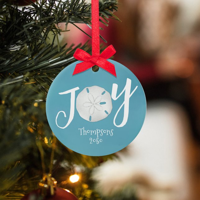 Blå Helgdag Joy Photo Beach Sand Dollar Julgransprydnad Keramik (Simple Joy Typography sand dollar turquoise blue Christmas Photo Ornament. )
