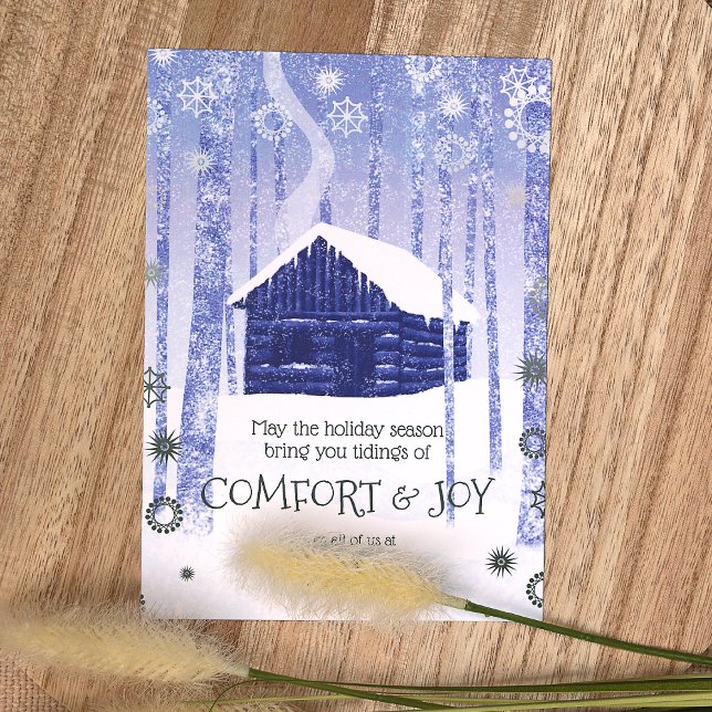 Blå, Helgdagskort för kabinett i Grönten Kort (Simple Blue, Green Logo Company Holiday Card, Winter Log Cabin in Forest, Blue, Sage Green)