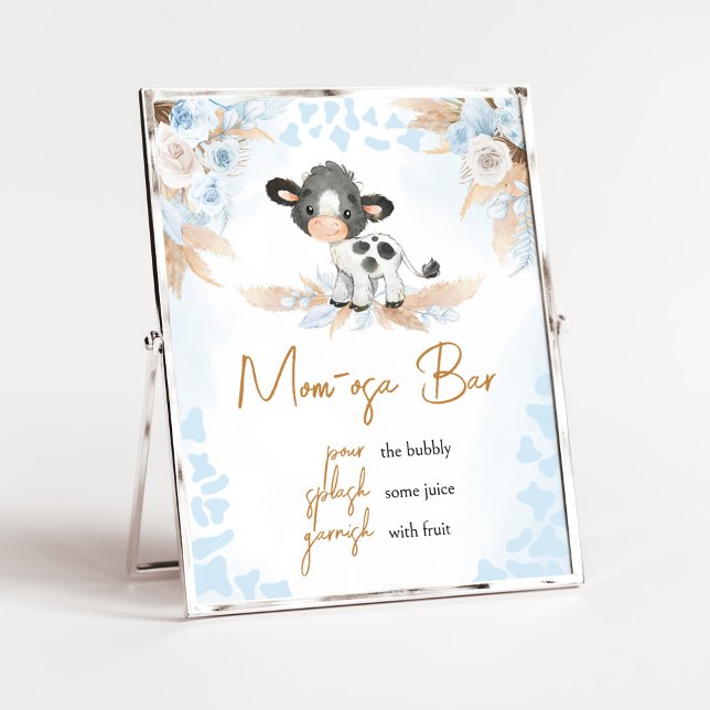 Blå Heliga Kow Baby Shower Mamma Osa Pub Poster (Boy Highland Cow Baby Shower Mom Osa Bar Sign)