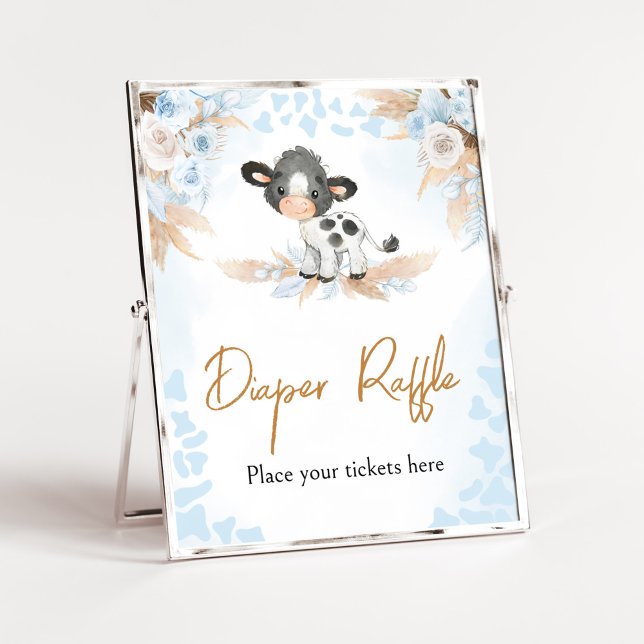 Blå Heliga Kow Baby Shower Raffle Poster (Boy Highland Cow Baby Shower Diaper Raffle Sign)