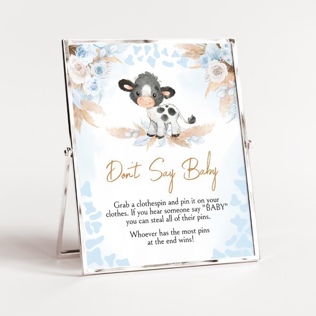 Blå Heliga Kow Baby Shower Säg inte Baby Poster (Boy Highland Cow Baby Shower Don't Say Baby Sign)