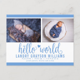 Blå Hello World Foto Födelse Statistik Meddelande Vykort