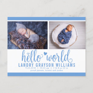 Blå Hello World Foto Födelse Statistik Meddelande Vykort