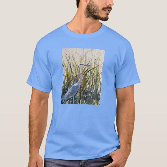 Blå Heron Watercolor Design T Shirt (Framsida)