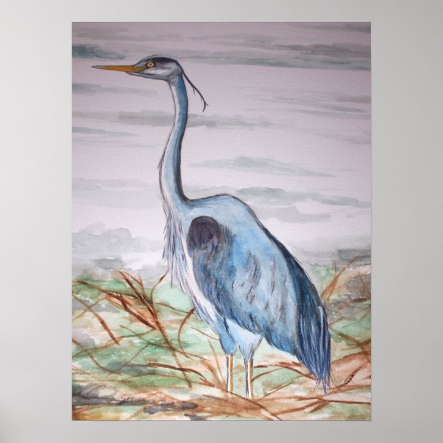 Blå Heron Watercolor-målning Poster (Framsidan)