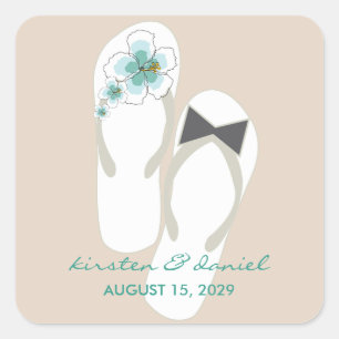 Blå Hibiscus Flinflip flops Beach Wedding Fyrkantigt Klistermärke
