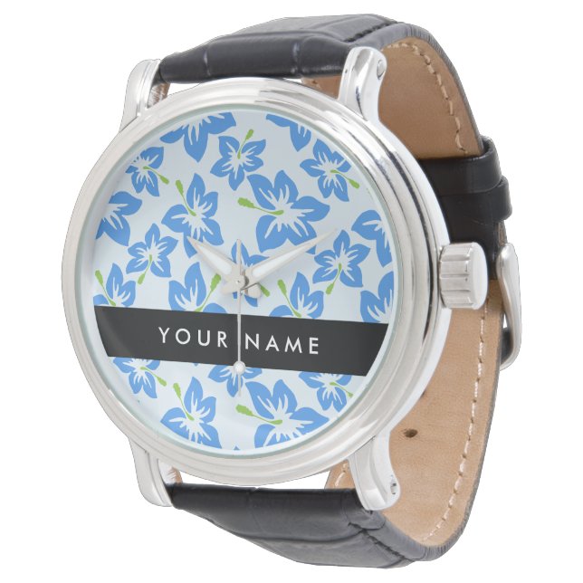 Blå Hibiskus, Blå Blommor, Ditt Namn Armbandsur (Vinklad)