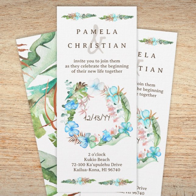 Blå Hibiskus, Grönt Tropiskt Lövkrans Inbjudningar (Tropical natural light green, blue beach wedding, Hawaiian wedding invitation, hibiscus, monstera)