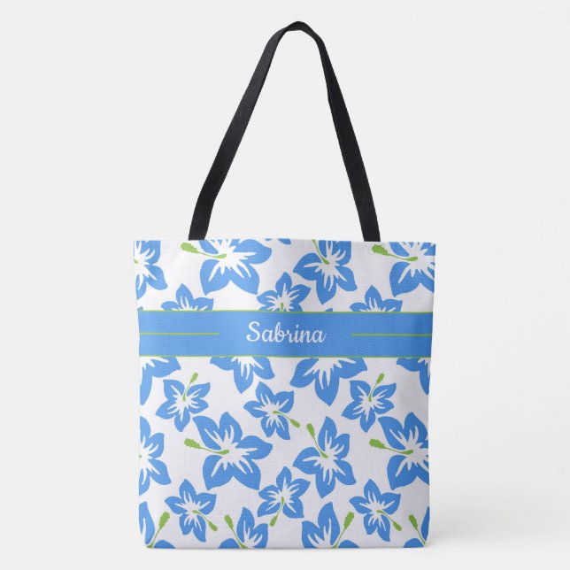 Blå Hibiskus Monogrammerad Handväskor Tygkasse (Framsida)