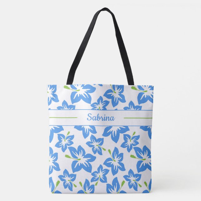 Blå Hibiskus Monogrammerad Handväskor Tygkasse (Framsida)