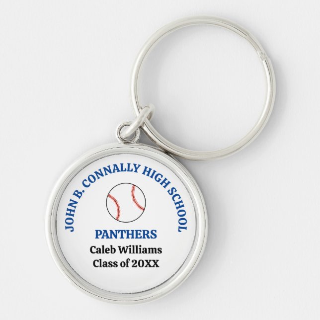 Blå High School Basebollspelare Personlig Rund Silverfärgad Nyckelring (Framsidan)