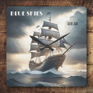 Blå himmel Ahead Antique Sailboat Fyrkantig Klocka