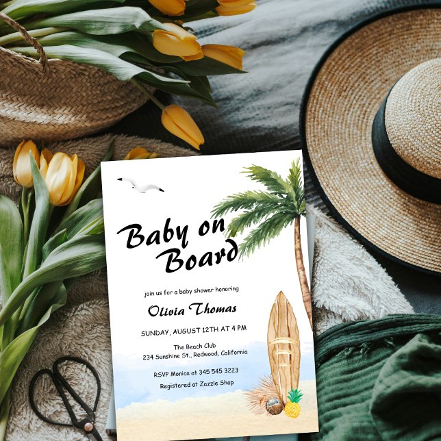 Blå himmel Baby ombord på Surfan Beach babyskor fö Inbjudningar (Blue Sky Baby On Board Beach Surf Baby Shower Invitation)