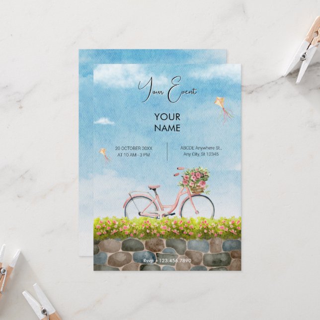 Blå himmel cykellandskap inbjudningar (Fram/Back In Situ)