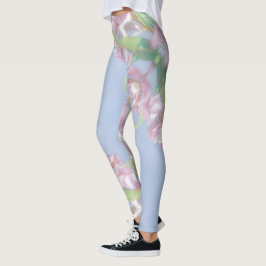 Blå himmel Grönt Plant Löv Lila blommor Leggings