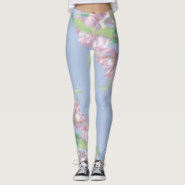Blå himmel Grönt Plant Löv Lila blommor Leggings