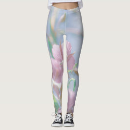 Blå himmel Grönt Plant Löv Lila blommor Leggings
