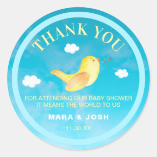 *~* Blå himmel Gult Birdie Baby Shower Tack Runt Klistermärke