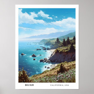 Blå himmel i Big Sur California Vintage resor Poster
