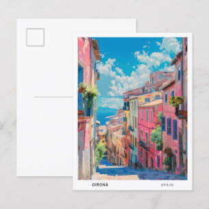 Blå himmel i Girona i Spanien Vintage resor Vykort