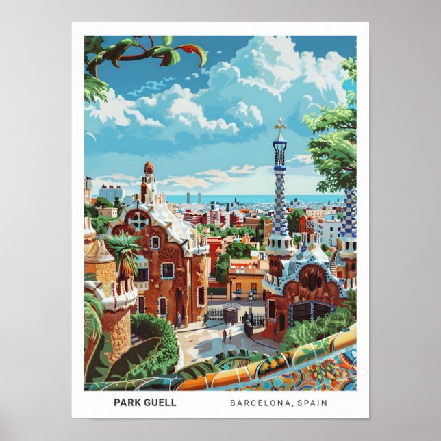 Blå himmel i Park Guell Barcelona Spain Travel Poster (Framsidan)