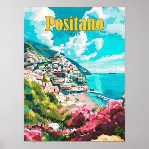 Blå himmel i Positano Italien Vintage resor Poster