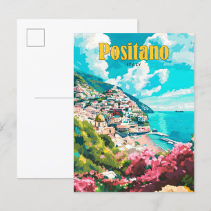 Blå himmel i Positano Italien Vintage resor Vykort