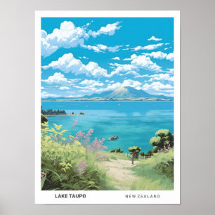 Blå himmel i Sjö Taupo Nya Zeeland Vintage resor Poster