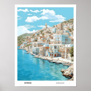 Blå himmel i Syros Grekland Vintage resor Poster
