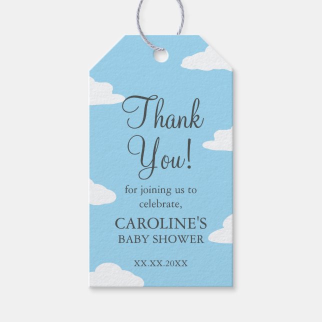 Blå himmel moln baby shower inbjudan tack  presentetikett (Framsidan)