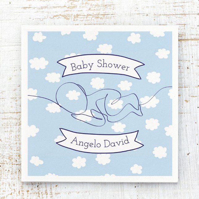 Blå himmel och Clouds Boy Baby Shower Pappersservett (Baby Shower Napkin Sleeping Baby Line Art)