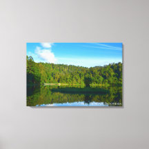Blå himmel sjö skog reflektion Indonesien scen
