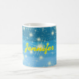 Blå himmel skuggstjärnor gult namn kaffemugg