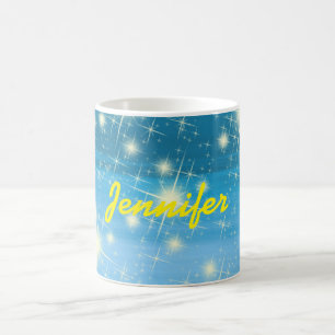 Blå himmel skuggstjärnor gult namn kaffemugg