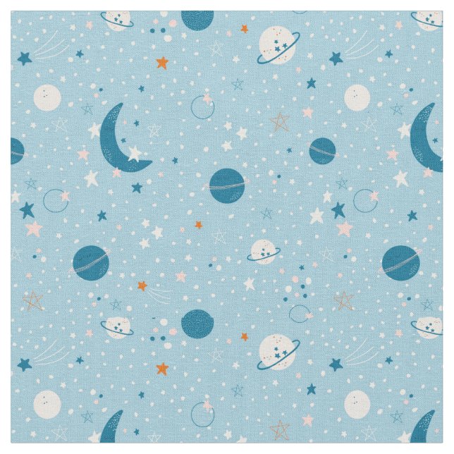 Blå himmel & Space Mönster Tyg (Närbild)