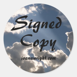 Blå himmel White Clouds Photo Signed Copy med URL Runt Klistermärke