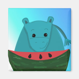 Blå Hippopotamus med vattenmelonsegment Magnet