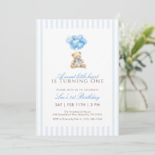 Blå hjärta ballong Teddybjörn 1-årsdag Inbjudningar