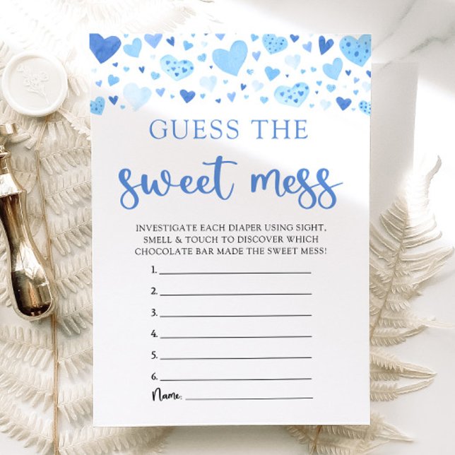 Blå hjärtan Gissa det  babyspelet. Inbjudningar (Watercolor Cute Blue Hearts Valentine Sweetheart February Boy Guess the Sweet Mess Baby Shower Game)
