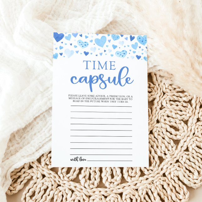 Blå hjärtan Valentine Baby Shower Time Capsule Inbjudningar (Watercolor Blue Hearts Valentine Sweetheart Heartbreaker February Boy Time Capsule Baby Shower Game)