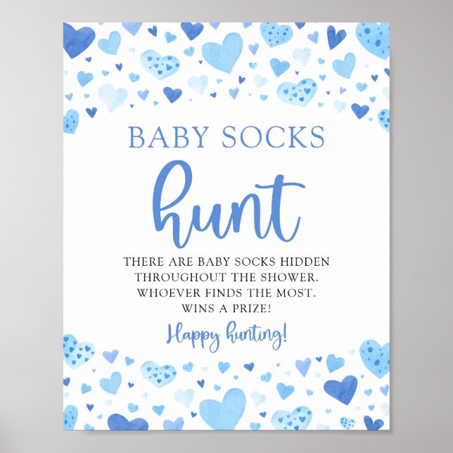 Blå hjärtan Valentine Baby Socks Hunt Baby Shower Poster (Framsidan)