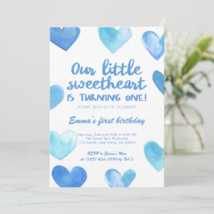 Blå Hjärtans 1-års Födelsedagsinbjudan Pojke Sweet Inbjudningar