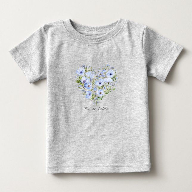 Blå Hjärtformad Blommig Bebis T-Shirt (Framsida)