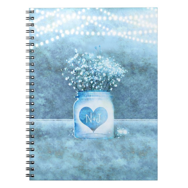 Blå Hjärtformad Murarvas & Baby's Breath Rustik Anteckningsbok Med Spiral (Framsidan)